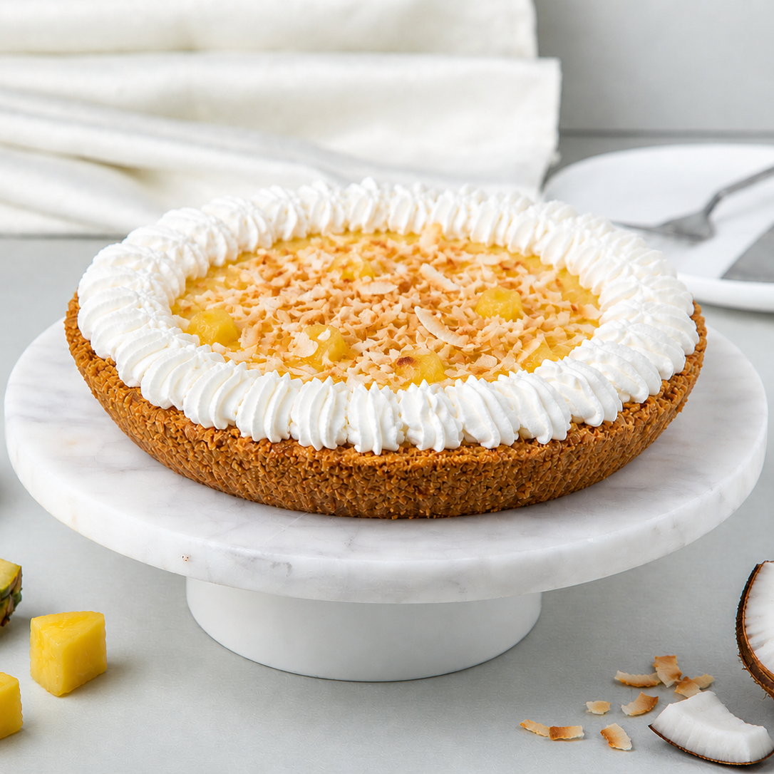 Coconut cream pie on a marble stand with pineapple and coconut pieces on a light gray background