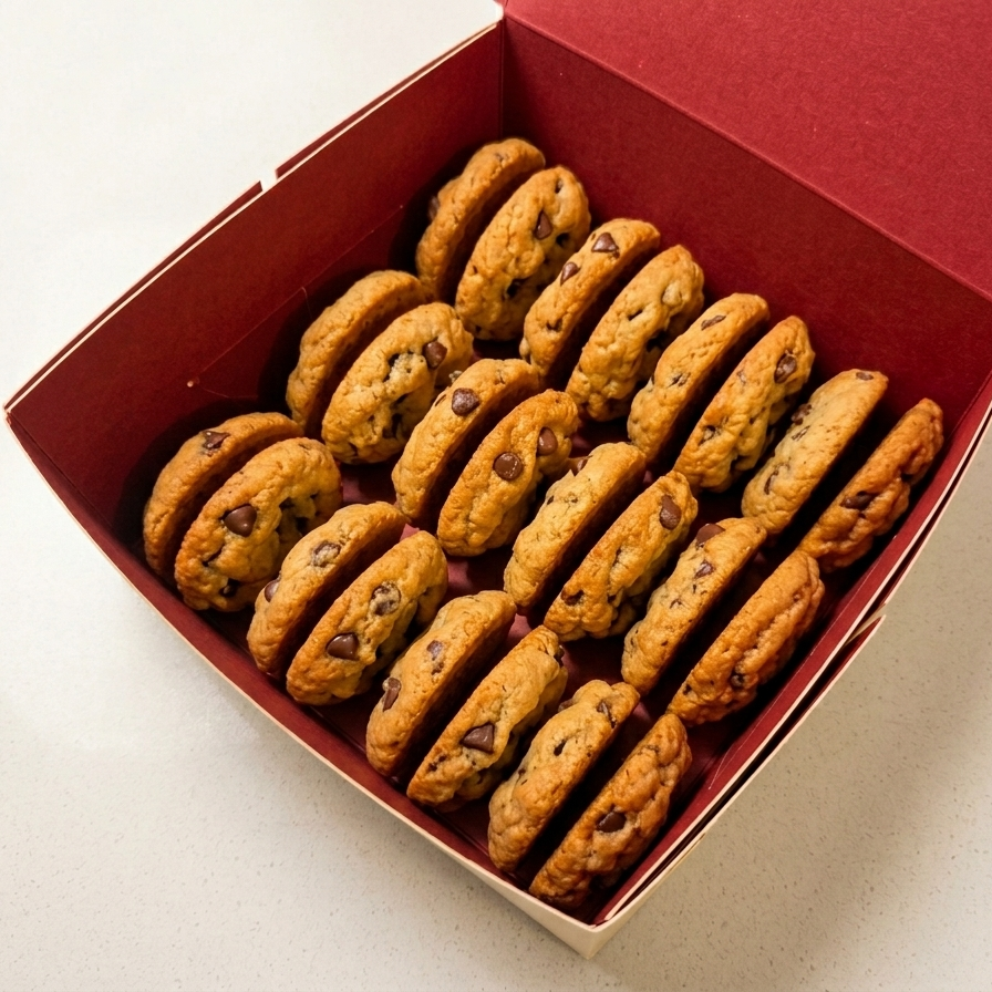 Box of cookies with a red exterior on a white background