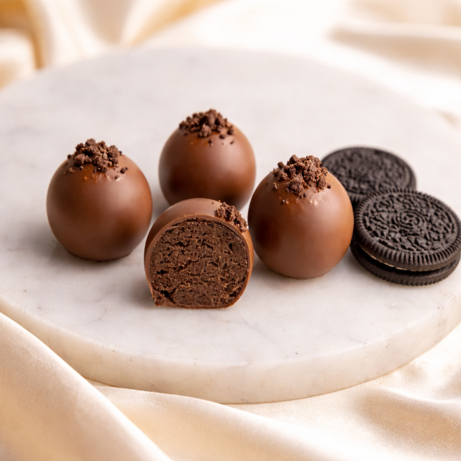 Chocolate truffles and Oreo cookies on a marble surface with a beige fabric background